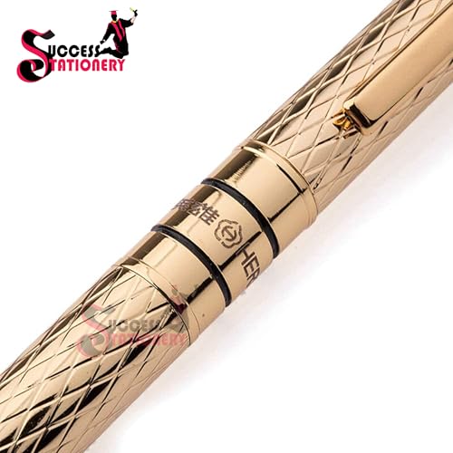 Image of Success Stationery Hero Pen Original Fountain Pen for Men Extra Fine 10K Gold Plated Nib Ink Pen Golden Colour Cap and Body Gold Trim Luxury Pen 703 Gift Set with Box