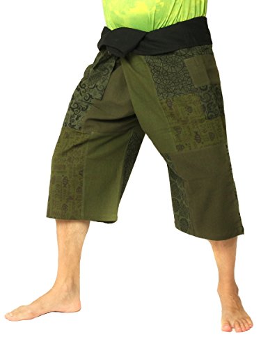 jing shop Thai Fisherman Shorts Patchwork – 3/4 Length Cotton Wrap Pants – Sturdy & Comfortable3