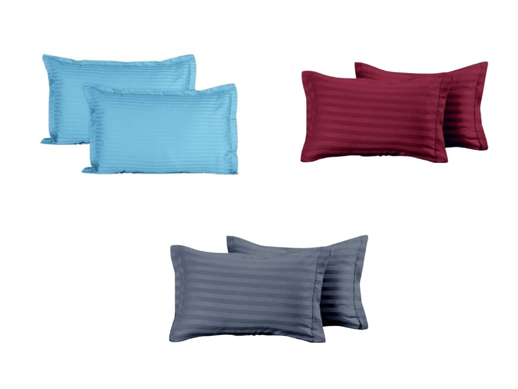 Luxury Trends 210 TC 100% Cotton Pillow Covers Set of 6 | Ultra Soft Satin Striped Pillow Case | 18 x 27 Inches, White Sky Blue & Yellow