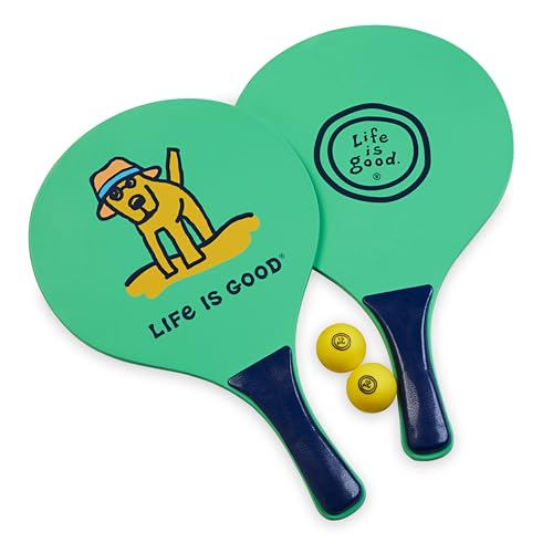Image of Life Is Good Wooden Paddle Ball Set (Green Rocket Dog), 2 Thick Wood Paddles and 2 Balls, Classic Beach and Backyard Toss Game for Kids and Adults, Outdoor Summer Lawn and Park Activity