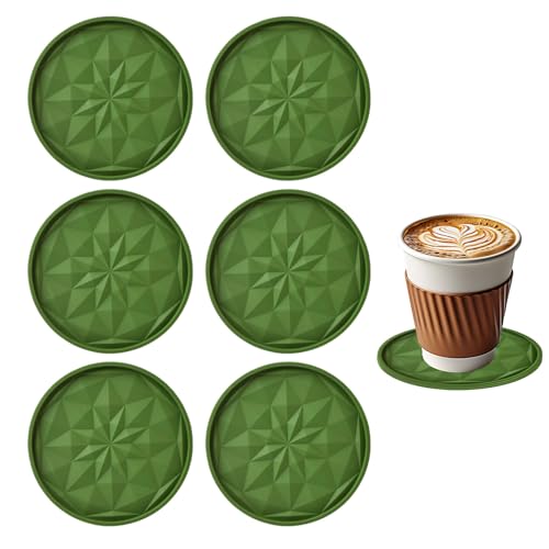 Tastetreasure Juego de 6 posavasos de silicona para vasos, 10 cm de diámetro, diseño moderno, antideslizantes y resistentes al calor, posavasos de cristal para tazas y bares, color verde oscuro