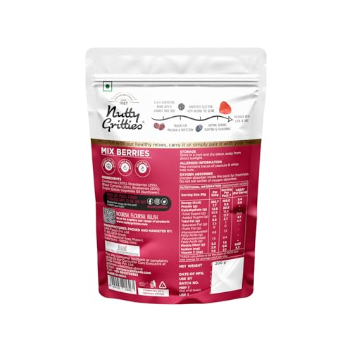 Image of Nutty Gritties Mix Berries 600g- Dried Cranberries, Blueberries, Strawberries, Black Currants - Healthy Snack for kids and adults - 200g (Pack of 3)