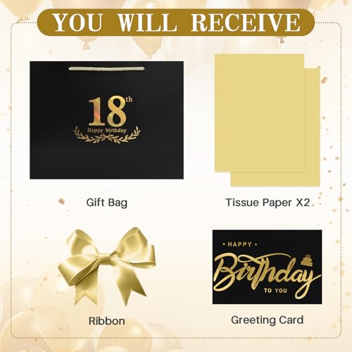 Image of JMANNI Black Gold 18th Birthday Gift Bag with Card and Tissue Paper, 12.6 inchx9.84 inchx3.9 inch Elegant Present Bag for Adults, 18 Year Old Birthday Keepsake Party Supplies