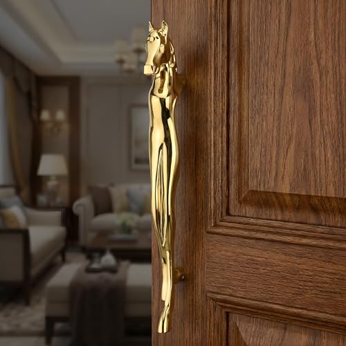 Image of GLOXY Premium Gold 12 inch Horse Shaped Main Door Handle with 8 inch Hole-to-Hole Spacing - Decorative Push & Pull Aluminium Wooden & Glass Door Handle for Home, Restaurant, Office & Banquet Hall - Pack of 1