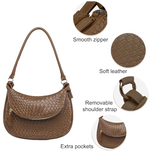Image of Texture Underarm Shoulder Bag for Women,PU Leather Vintage Crescent Double Layer Hobo Handbag