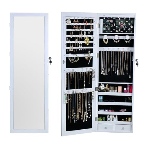 TBLOTYD Jewelry Armoire with Full-Length Mirror, Jewelry Cabinet, Lockable Jewelry Organizer, Wall Or Door-Mounted, Large Capacity,White