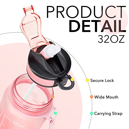 Image of HYETA 32 OZ Water Bottle with Times to Drink and Straw, Motivational Timed Marker Water Bottles with Strap, Leakproof & BPA Free, 1 Liter Reusable Sports Water Bottle for Fitness, Gym & Outdoors, Lotus Matte