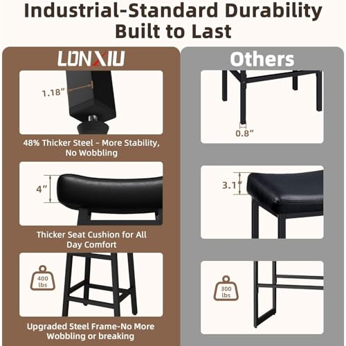 Counter Height Bar Stools Set of 2, 24 Inch Backless BarStools for Kitchen Island Leather Saddle Bar Chairs Kitchen Stools with 4" Thick Seats & Heavy Duty Metal Base, Black by LONXIU - Image 3