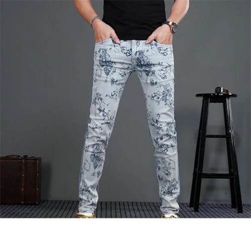 Men's Printed Jeans Stretch Denim Slim Fit Tapered Pants2