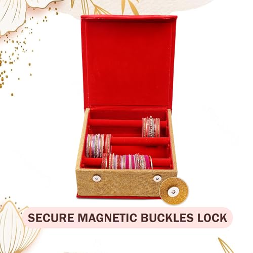Image of Kuber Industries Jewelry Bangle Box | Jewellery Case Organizer (3 Rod) Bangles Box for Women | Velvet Jewelry Box | Storage Organizer | Watch Organizer With Magnetic Buckles | Red