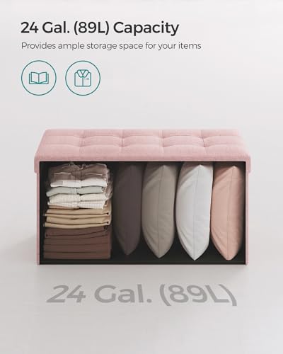 Image of SONGMICS Mazie Collection - 30 Inches Folding Storage Ottoman Bench, Ottoman Foot Rest, End of Bed Bench, Storage Chest, Load 660 lb, for Living Room, Bedroom, Entryway, Jelly Pink ULSF047R11