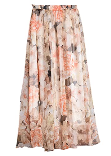 SANGTREE Women's Chiffon Boho Elastic Waist Floral Print Maxi Skirts