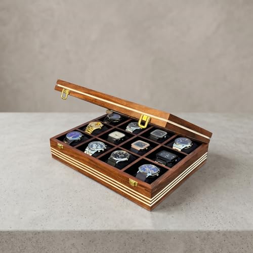 Image of Wooden Watch Box, Storage Organizer, Watch Display Case, Jewelry Holder, Gift for Men & Women - Rosewood Crafted, 3-12 Slots, Handmade Cushions (Twelve Slots)
