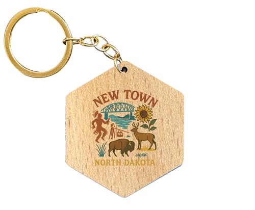 R and R Imports New Town North Dakota Keepsake Souvenir 2-Inch Wooden Hexagon Keychain