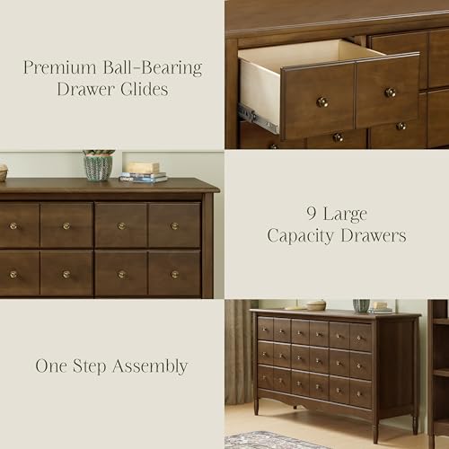 Image of Namesake Liberty 9-Drawer Dresser with 9+ inch Drawer Extension in Natural Walnut, Fully Assembled, Greenguard Gold Certified, Smooth Glide, Adult and Child Nursery Dresser, Vintage /Apothecary Design