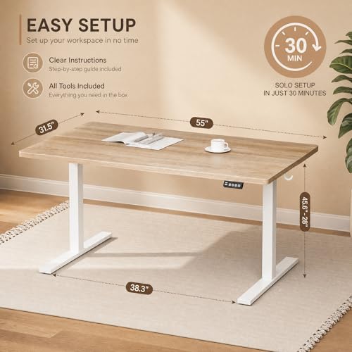 Image of Grandder 55x32 Large Electric Standing Desk, Height Adjustable Computer Desk with 2 Memory Presets, 31.5 inch Deep Desktop Sit Stand Desk Home Office Desk Workstation Table with Hooks, Maple