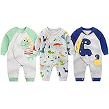 [Comfort U] ベビー 長袖 ロンパース 3枚組 前開き 赤ちゃん服 コットン100% 肌着パジャマ カバーオール かっこいい 新生児服 四季兼用 着替え便利 出産祝い 恐竜柄 (3枚入, 80)