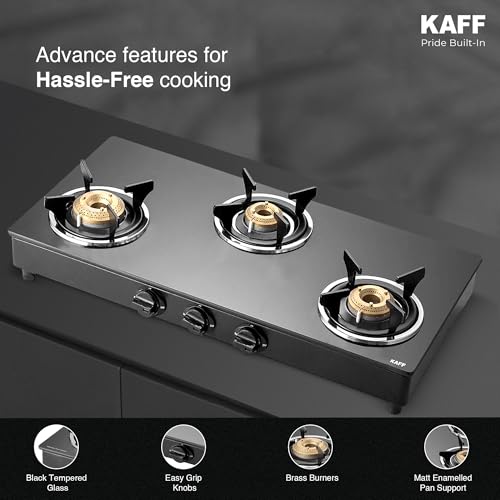 Image of KAFF CTC 77 3B Gas Stove /Cooktop 4 Burners with Auto Electric Ignition 77 CM, High Efficiency Brass Burners, Black Tempered Glass, Enamelled Pan Support (Black)