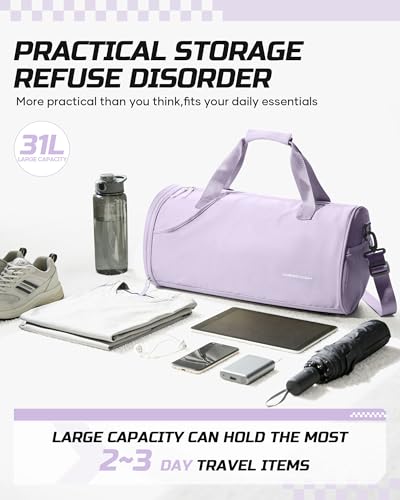 Image of Gym Bag for Women & Men with Wet & Shoe Compartment, Small Duffle Bag for Travel, Sport, Gym, Workout, Overnight, Weekender, Carry-On - Purple