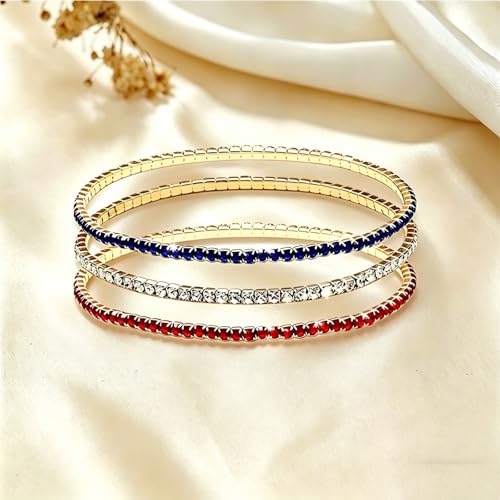 Image of Dreuyet American Flag Rhinestone Bracelet Red White Blue Crystal Patriotic 4th of July Shiny Decorations USA Independence Day Jewelry