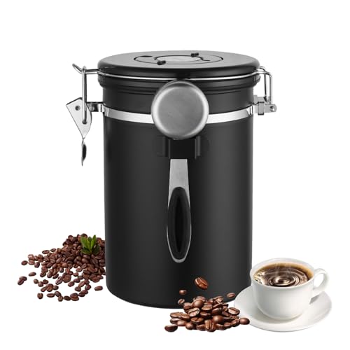 Lata de café hermética de acero inoxidable de 1,8 l, lata de café al vacío, recipiente de granos de café, con cuchara de acero inoxidable y función de ahorro de tiempo, para té, nueces, cacao