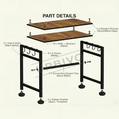 Image of Microwave Stand for Kitchen Platform 2 Tier Oven Stand with Storage Cabinet Engineered Wood Shelf 6 Hooks Black Metal Frame Oven Stand OTG Rack