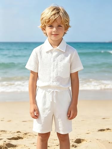 Image of Boys 6 Pieces Summer Beach Outfits Short Sleeve Button Down Shirts and Shorts Vacation Texture Sets for Kids