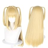 Cute Halloween Anime Cosplay Long Blonde Wig with Bangs, 2 Hair Caps + Wigs, Long Straight Yellow Synthetic Cosplay Wig for Christmas Parties for Women and Teen Girls