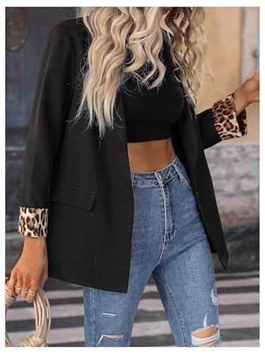 Floerns Women's Contrast Leopard Blazer Lapel Button Down Long Sleeve Office Blazer Jacket3