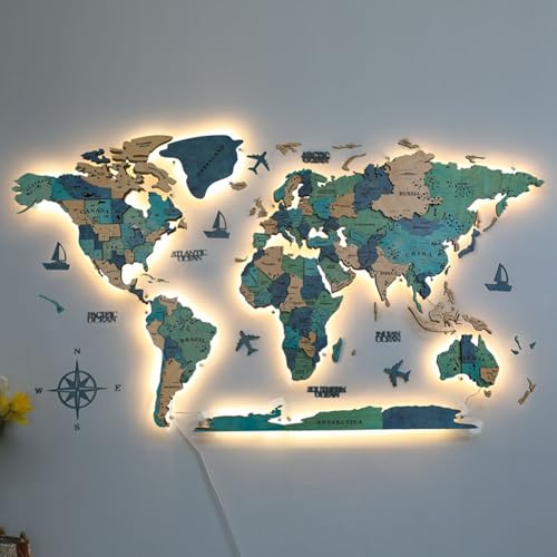 Decoración de pared 3D, mapa del mundo LED extragrande de madera y acrílico, decoración moderna para el hogar para sala de estar, mural de iluminación LED único, gran idea de regalo