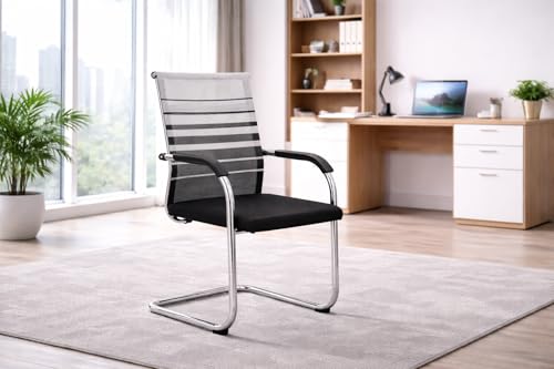 Image of TOBY Home and Office, Mesh Visitor Chair with Arms, Metal Sled Base Office Guest, Breathable Backrest & Cushioned Seat, Waiting Room /Conference /Reception Chair, Heavy Duty Modern Design