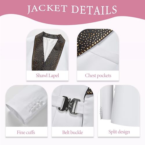 Men's White Slim Fit Shawl Lapel Tuxedo Suit Set with Belt Rhinestones on Collar & Pockets, Black Pants for Prom4