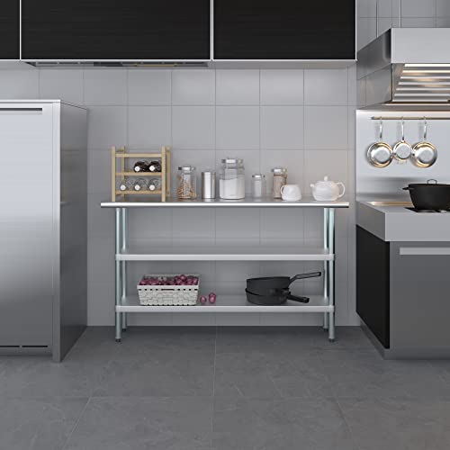 Image of AmGood Stainless Steel Work Table with 2 Shelves | NSF | Metal Utility Table (60 inch Long x 14 inch Deep)