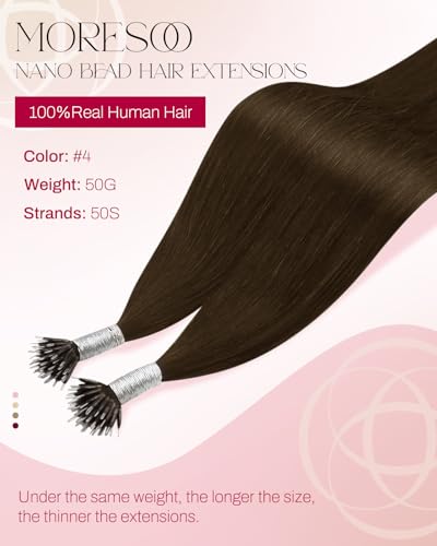 Image of Moresoo Nano Bead Hair Extensions Human Hair, Medium Brown, 14 Inch | 50g 50 Strands, Remy Hair, Lightweight Nano Beads, Natural Looking Fullness for Medium Brown Hair and Daily Wear