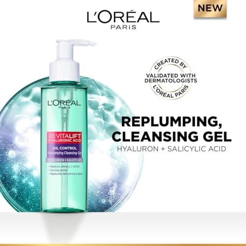 Image of L'Oreal Paris Revitalift Hyaluronic Acid Oil Control Replumping Cleansing Gel, enriched with Hyaluronic Acid & Salicylic Acid for cleansing the face deeply, 120ml
