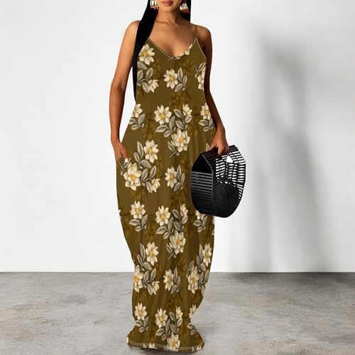 Image of Women's Summer Maxi Dress Spaghetti Strap Floral Boho Beach Long Sundress with Pockets