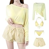 [Nippaws] 水着 レディース ビキニ 4点セット タンキニ セパレート 長袖ラッシュガード 体型カバー/UVカット/4WAY着られる/かわいいノンワイヤー パッド付きトップス ショートパンツ (JP, アルファベット, M, A.花柄-イエロー)