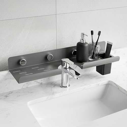 Image of MIORAH Bath Shelves for Wash Basin | Bathroom Organiser Without Drill | Suction Bathroom Accessories & Stand with Tooth Brush Holder Grey