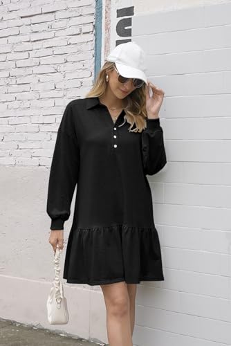 Women's Casual Dresses Long Sleeve Button V Neck Sweatshirt Dress Lapel Collared Pullover Dress4
