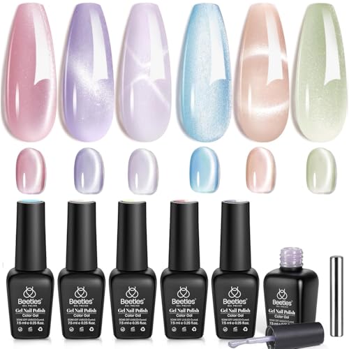 Image of Beetles Cat Eye Gel Nail Polish Set, 6 Colors Jelly Pink Translucent Pastel Blue Purple Orange Green Glass Cat Eye Sheer Gel Polish Kit Soak Off UV Lucite Collection Manicure Gifts for Women