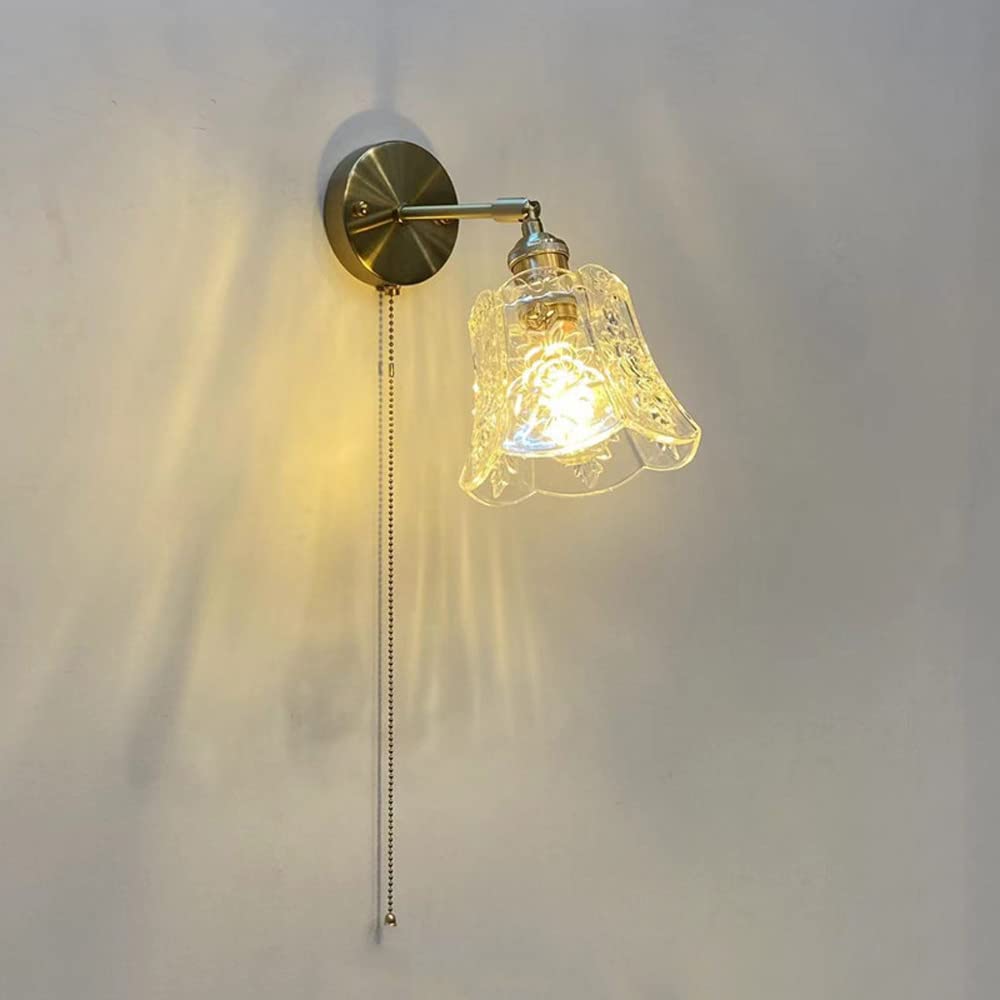 YNIYUJKL Wall Lamp, Modern Glass Wall Sconce Lamp With Pull Cord Switch Indoor Bedside Light, Bedroom Living Room Copper Wall Mount Lighting Fixture Nordic Headboard Lamp E2