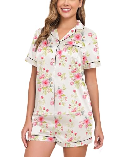 Image of Veseacky Women Satin Pajamas Set 2 Piece Button Down Short Sleeve Soft Sleepwear with Pockets