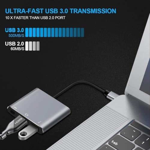 Image of USB HUB Type C to HDMI Hub 3 in 1 Adapter in Metal, Multi Port 4K HDMI, PD Charging Type C Port for MacBook, Chromebook, DELL,HP & Other Type C Phones & Devices (USB C to 3 in 1 HDMI HUB)