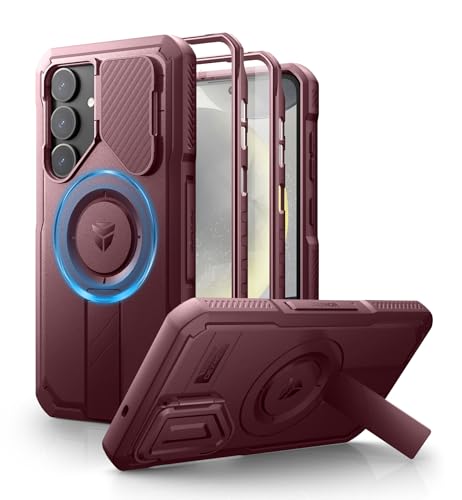 Image of Dexnor for Samsung Galaxy S25 Plus Case with Camera Cover & Adjustable Kickstand & Built-in Screen Protector, Magnetic Rugged Shockproof Bumper Cases Heavy-Duty Protective Cover (2025),Maroon Red