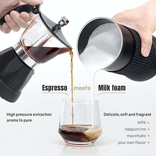 Hackvia Espresso Machine,Portable Espresso Coffee Maker And Cappuccino Latte Machine With Milk Frother,Espresso Maker With Steamer,2 In 1 Moka Pot For Home,Office And Travel,2-3 Cups,Aluminum #TOP2