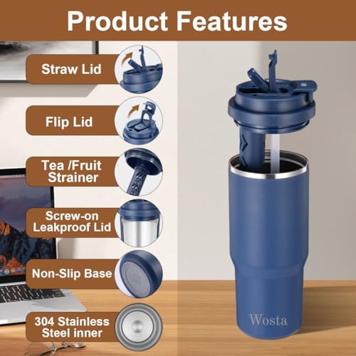 Image of Wosta 750 ml Stainless Steel Insulated Tumbler - Dual-Lid (Flip-Sip + Straw), Tea /Fruit Strainer, Leak-Proof Screw-On Lid, Silicone Straw & Hanging Belt. (Dark Blue)