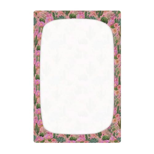 Image of Crib Sheet Breathable Soft Crib Mattress Sheet for Baby Toddler Boys Girls Fitted Crib Sheet Fit Standard Crib Mattress 39 x 27 Inch Cacti Succulents and Bright Pink Flowers