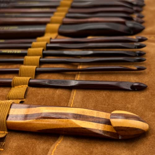 Revolution Fibers Artisan Rosewood Crochet Hooks Set with Leather Carrying Case - incl. 13 Crochet Hooks Size US E - P | Premium Set, Portable, Perfect for Crocheting Yarn at Home or on The Go