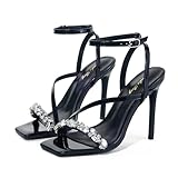 Elisabet Tang Women’s Crystal Stilettos Heeled Sandals, 4 Inch Square Open Toe Strappy Sexy High Heels Ankle Strap Buckle Heels for Party Wedding Dress Daily Wear Shoes Black Size 8