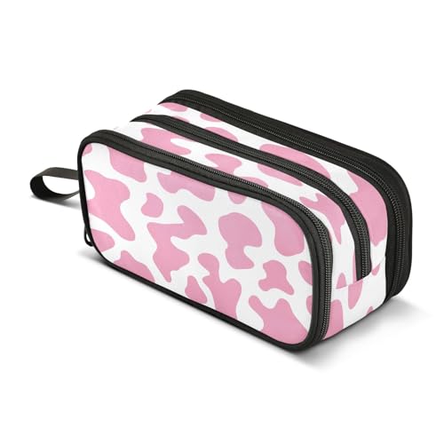 Image of Big Capacity Pencil Case Pink Cow Print Camo Camoflage 3 Compartment Pen Bag Pouch Holder Box For Office College School Portable Storage Bag for Kids